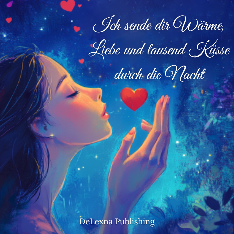 Abbildung einer Frau, die einen Handkuss in Herzform zu einem lieben Menschen schickt.
Bildtitel: Ich sende dir Wärme, Liebe und tausend Küsse durch die Nacht.