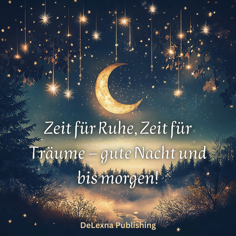 Abbildung einer nächtlichen Landschaft mit hellem Mond und leuchtenden Sternen. Mit einem Gruß für einen lieben Menschen: 
Zeit für Ruhe, Zeit für Träume – gute Nacht und bis morgen!