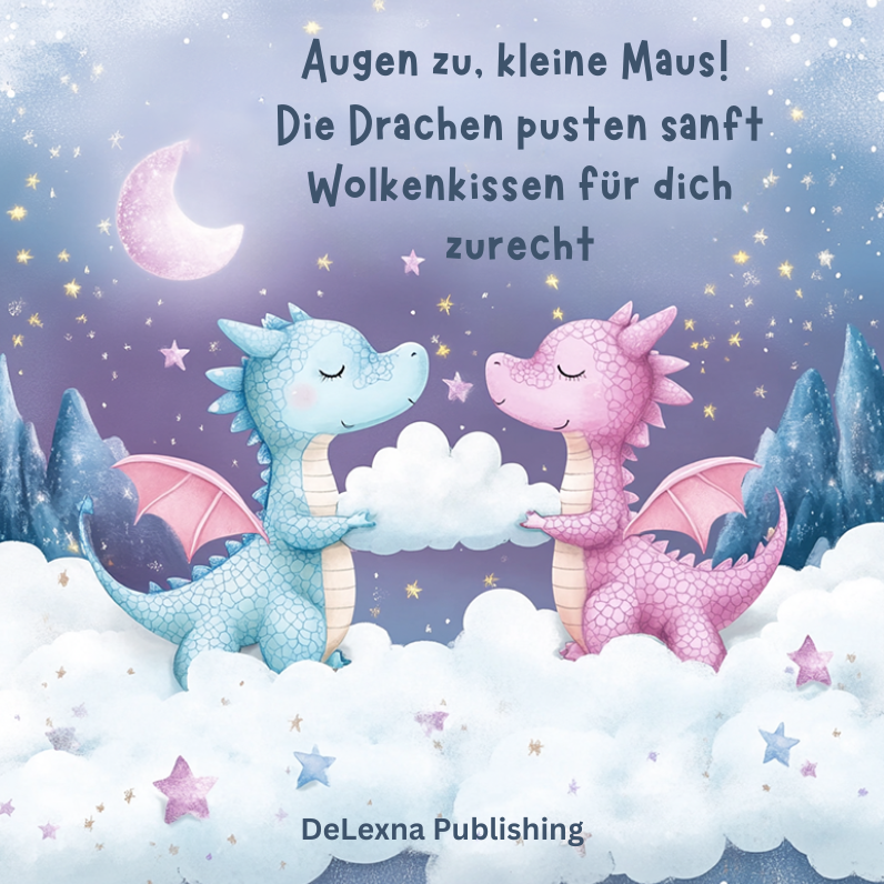 Abbildung von zwei süßen Drachen, die Wolkenkissen zurechtmachen.
Bildtitel: Augen zu, kleine Maus! Die Drachen pusten sanft Wolkenkissen für dich zurecht.