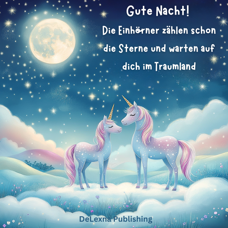 Abbildung von zwei süßen Einhörnern.
Bildtitel: Gute Nacht! Die Einhörner zählen schon die Sterne und warten auf dich im Traumland.
