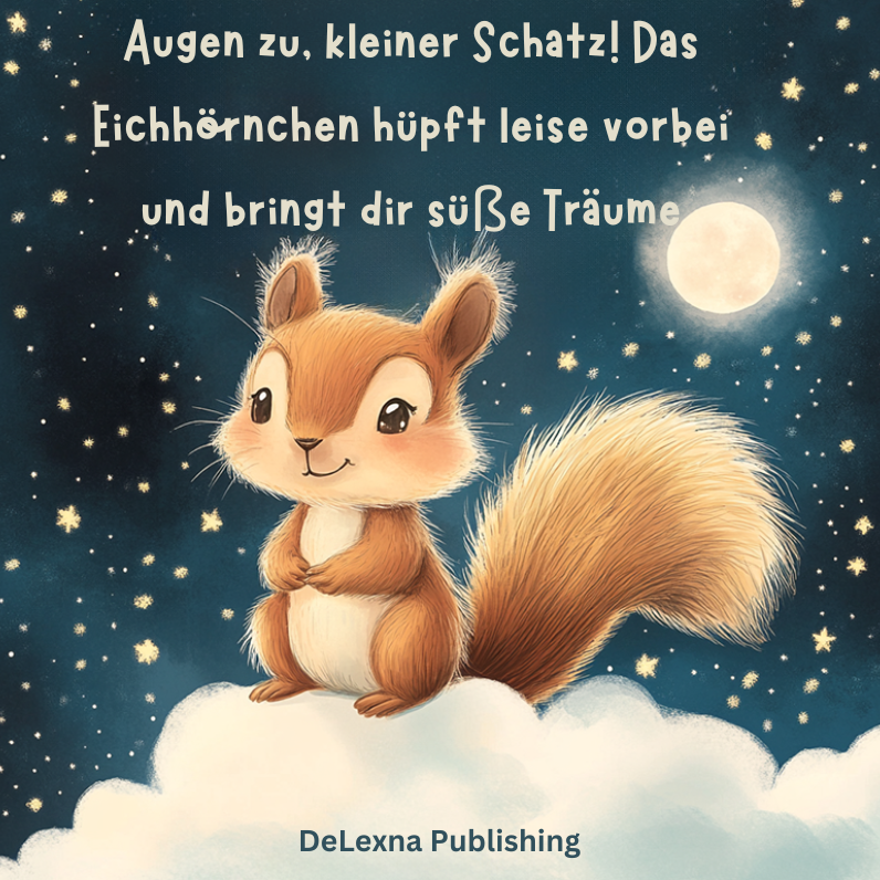 Abbildung eines süßen Eichhörnchens.
Bildtitel: Augen zu, kleiner Schatz! Das Eichhörnchen hüpft leise vorbei und bringt dir süße Träume.