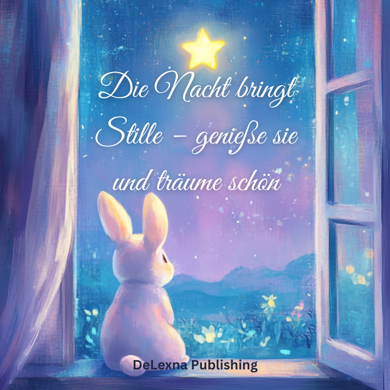 Abbildung eines süßen Häschens am Fenster, das in die Nacht schaut.
Bildtitel für einen lieben Menschen: Die Nacht bringt Stille – genieße sie und träume schön.