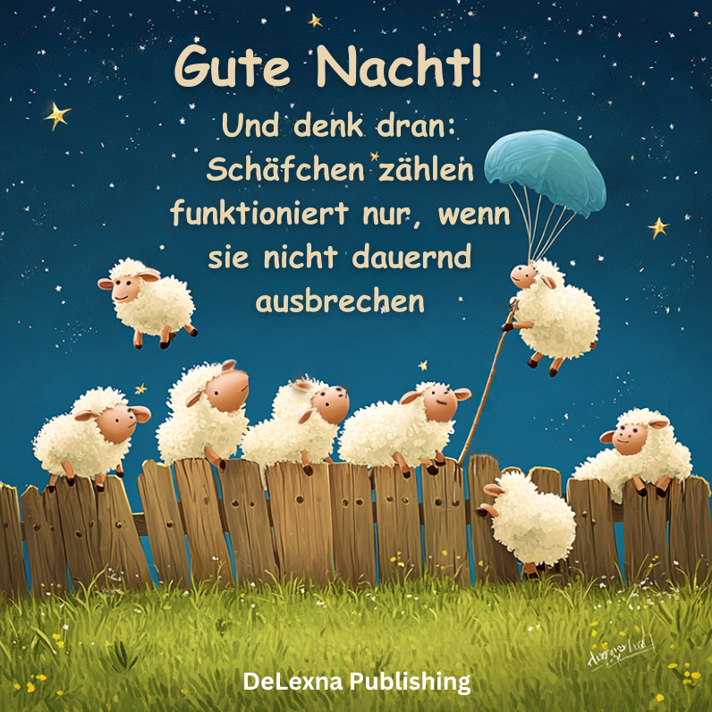 Abbildung von Schafen, die ausbrechen wollen. Mit lustigen Grüßen für einen lieben Menschen: Gute Nacht! Und denk dran: Schäfchen zählen funktioniert nur, wenn sie nicht dauernd ausbrechen.