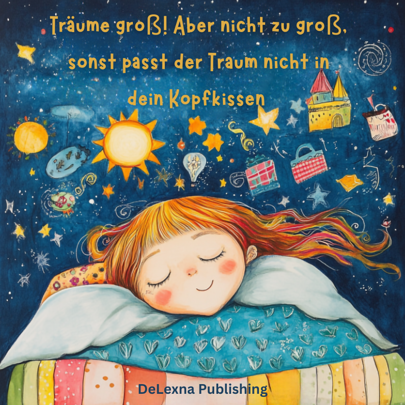 Abbildung einer schlafenden Frau. Um sie herum schweben alle möglichen Sachen, von denen sie träumt.
Bildtitel: Träume groß! Aber nicht zu groß, sonst passt der Traum nicht in dein Kopfkissen.