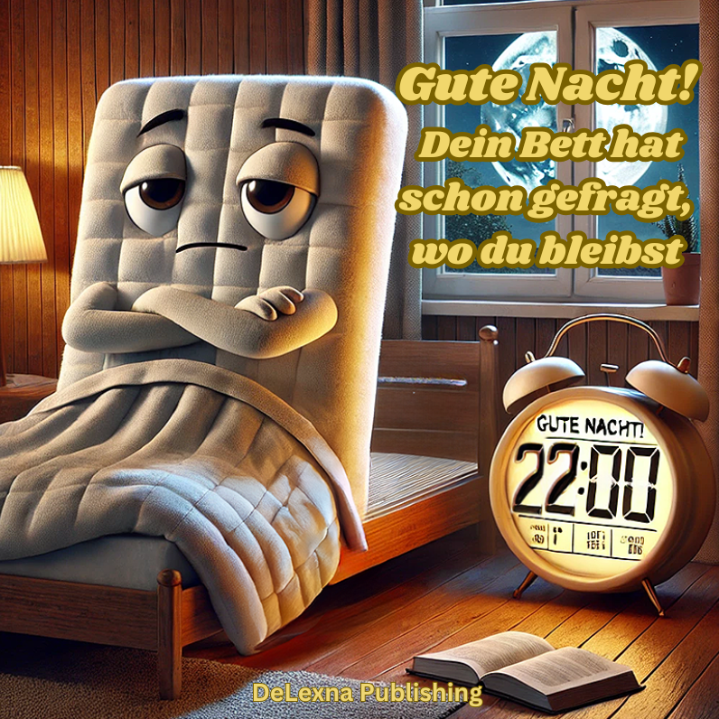 Lustige Abbildung eines Bettes, das ungeduldig auf den Schlaf wartet.
Bildtitel: Gute Nacht! Dein Bett hat schon gefragt, wo du bleibst.
